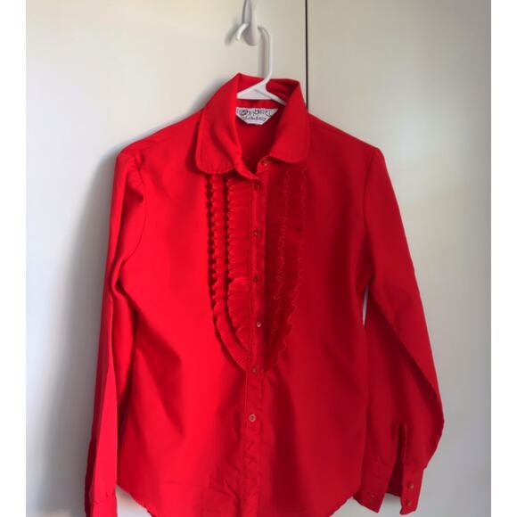Vintage 70s Red Tuxedo Blouse Womens Size Small Romantic Ruffle Detail - Picture 3 of 8